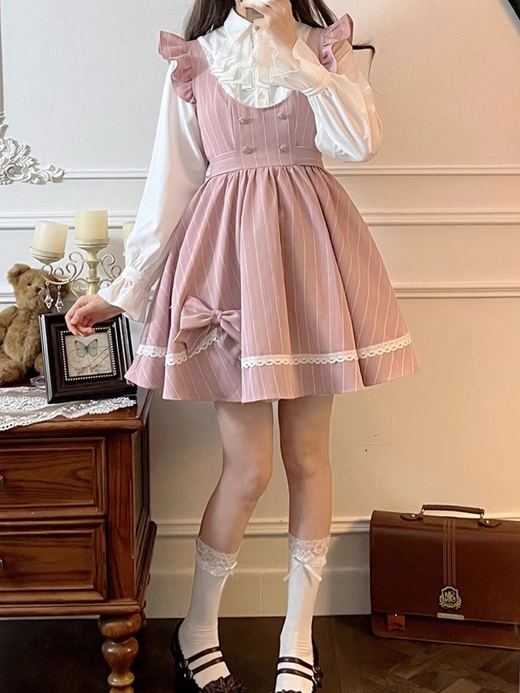 Rosa süßes, gestreiftes Kleid mit Schleife und Spitze, U-Ausschnitt über dem Knie