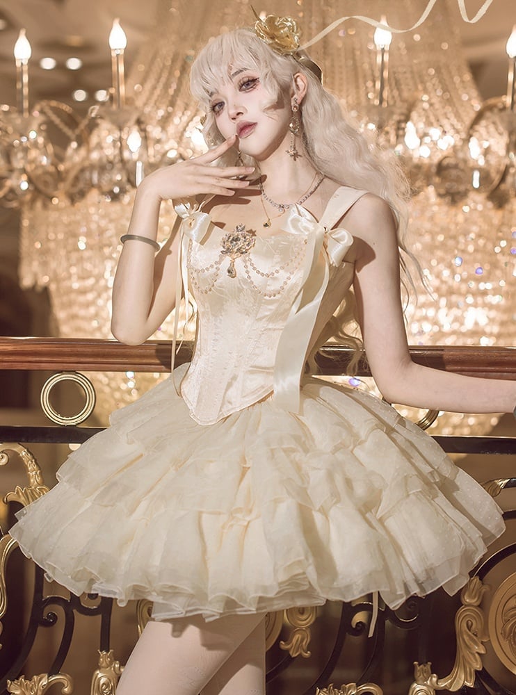 Layered Decorated Skirt Corset Top Rhinestone Tulle Jacquard + Champagne Set