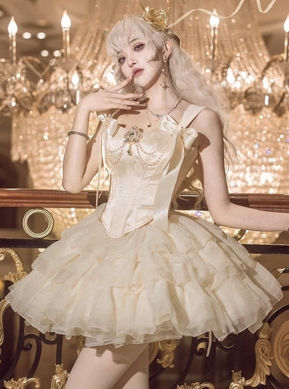 Layered Decorated Skirt Corset Top Rhinestone Tulle Jacquard + Champagne Set