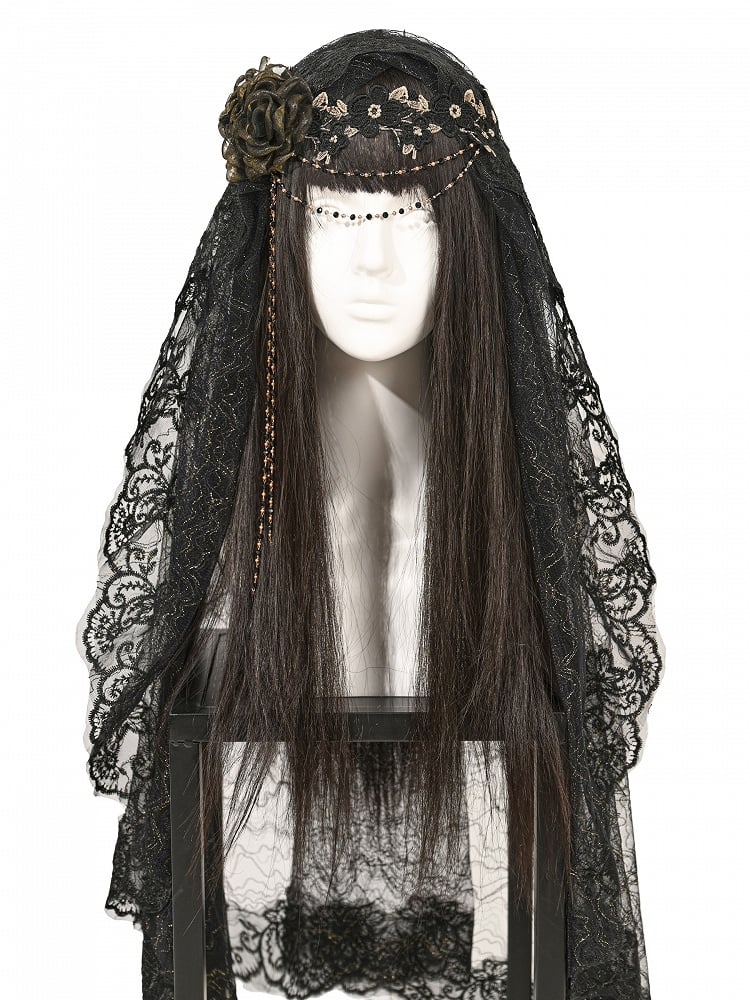 Bead Black With Veil Gothic Chains Lace Gold Floral