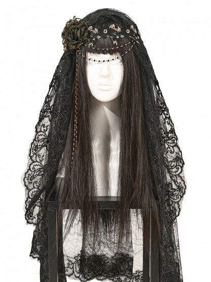 Bead Black With Veil Gothic Chains Lace Gold Floral