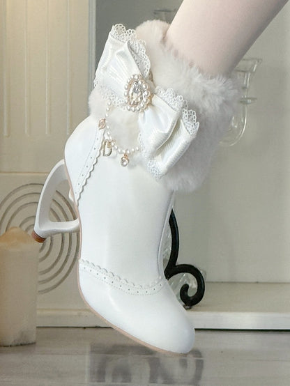 Rhinestone Cuff Bow Decor Boots - Heel and Sweet Beads Heart Off-white Winter Lolita Plush Design