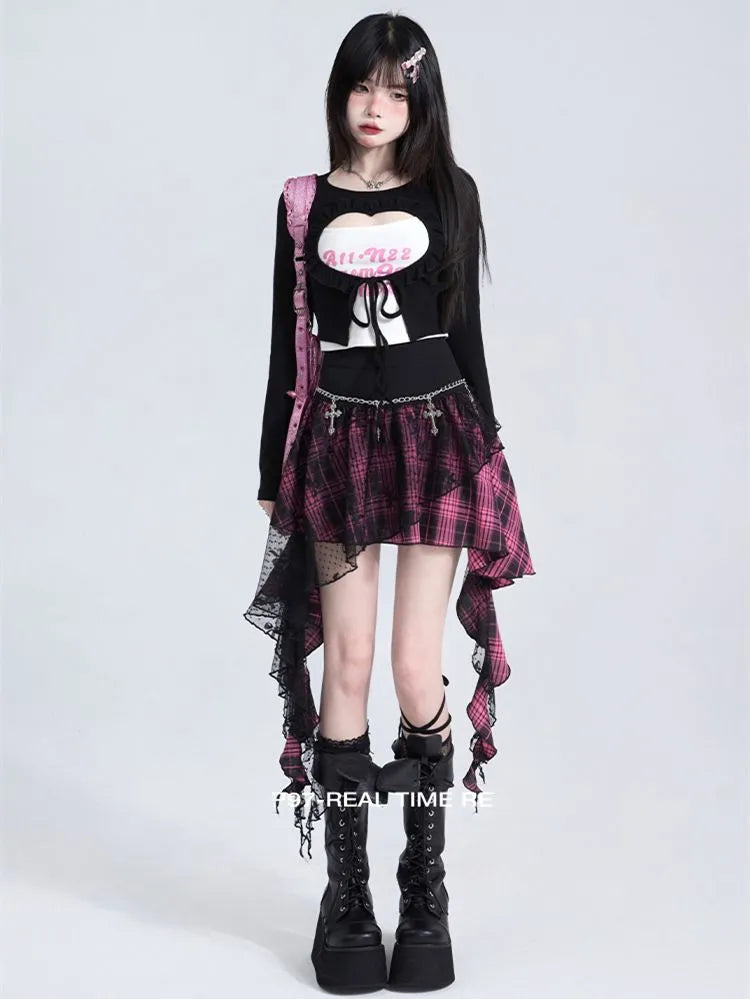 Rock Plaid Rot/Schwarz Schwarz Rosa Spitze Panel Unregelmäßigen Saum und