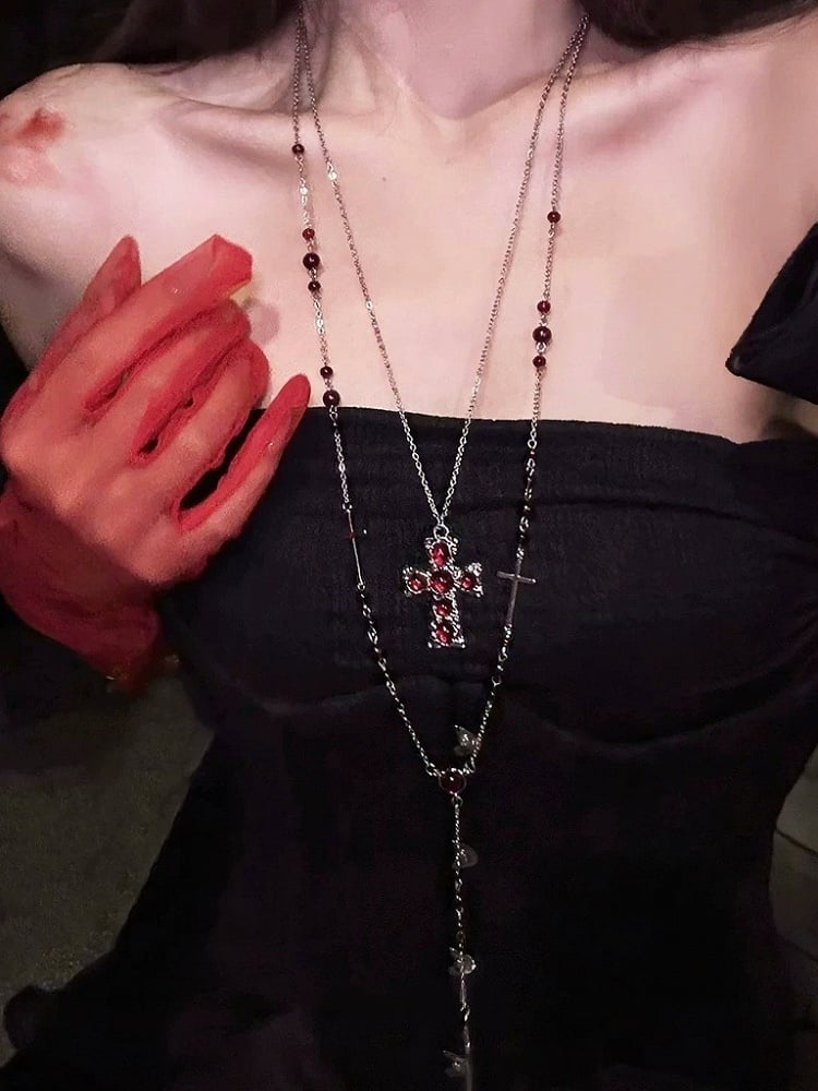 Red Bead Layered Cross Pendant Necklace - YSHXS