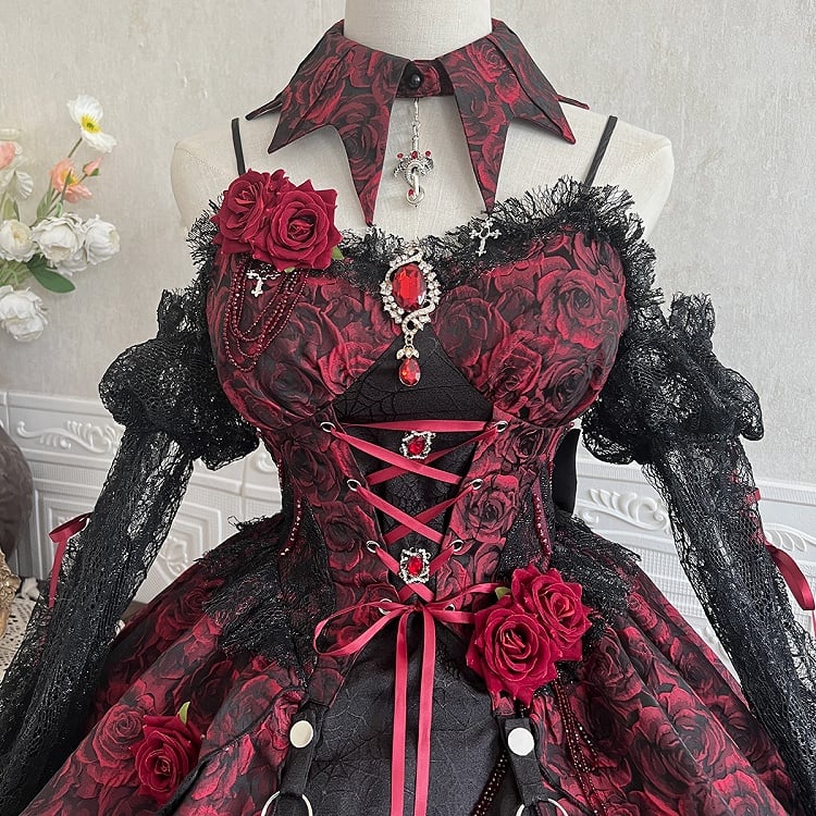 Black and Red Gothic Rosette Fabric High-low Skirt Dress Lolita JSK with Sleeves and Collar