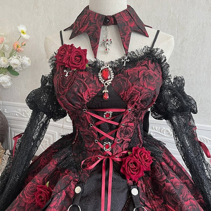 Black and Red Gothic Rosette Fabric High-low Skirt Dress Lolita JSK with Sleeves and Collar