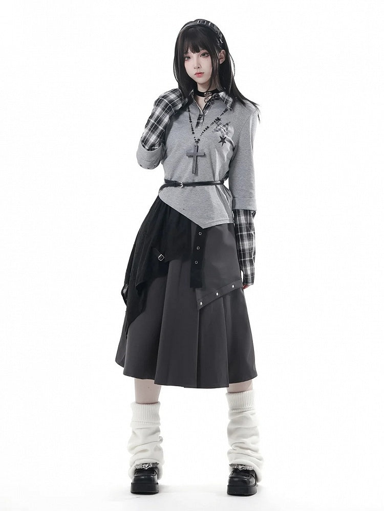 Pleated Metal and Hem with Waist Asymmetrical Elastic Studs Skirt Grey