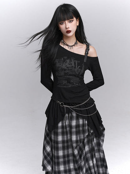 Black  Gothic Asymmetrical with Graffiti Top Neck Print