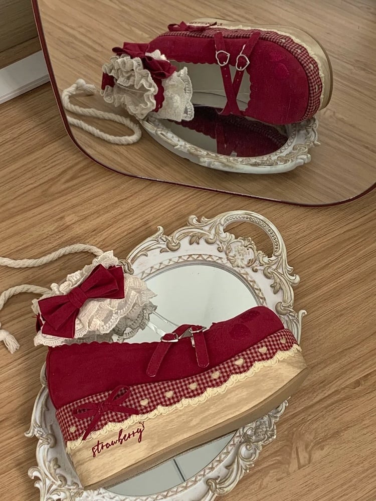 Lolita Strap at Closures - Trimmed Red Platforms Lace Ankle Strawberry Sweet Velcro