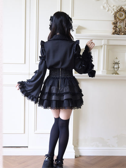 Jirai Kei Peter Sleeves Lolita Ruffled Lace Trim Pan Collar Black Blouse with Detachable Bell Gothic Bowknot