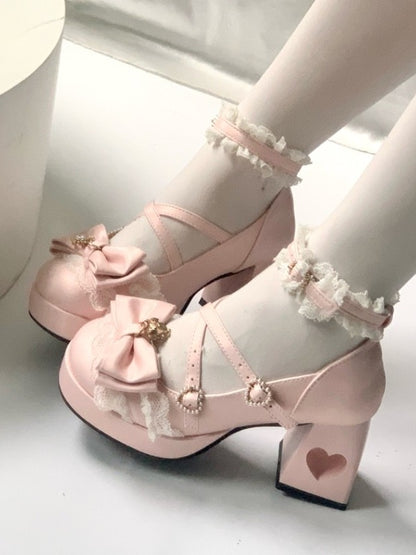4 Colors 2cm Platform Pendant Detail Lolita Mary Jane Shoes with Bow and Lace Trim - Unmissable Berry