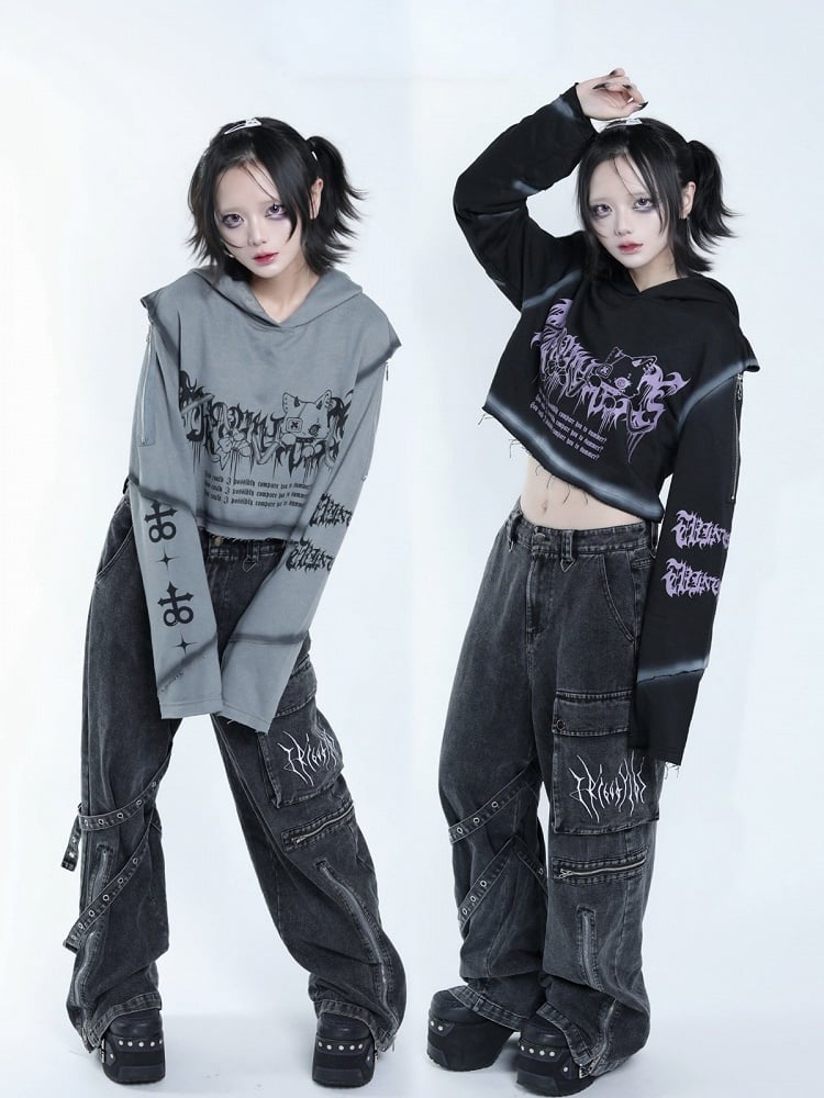 Dark Style Purple & Black Cat Symbol Graphic Cropped Hoodie with Shoulder Zip - Tribuo Flos