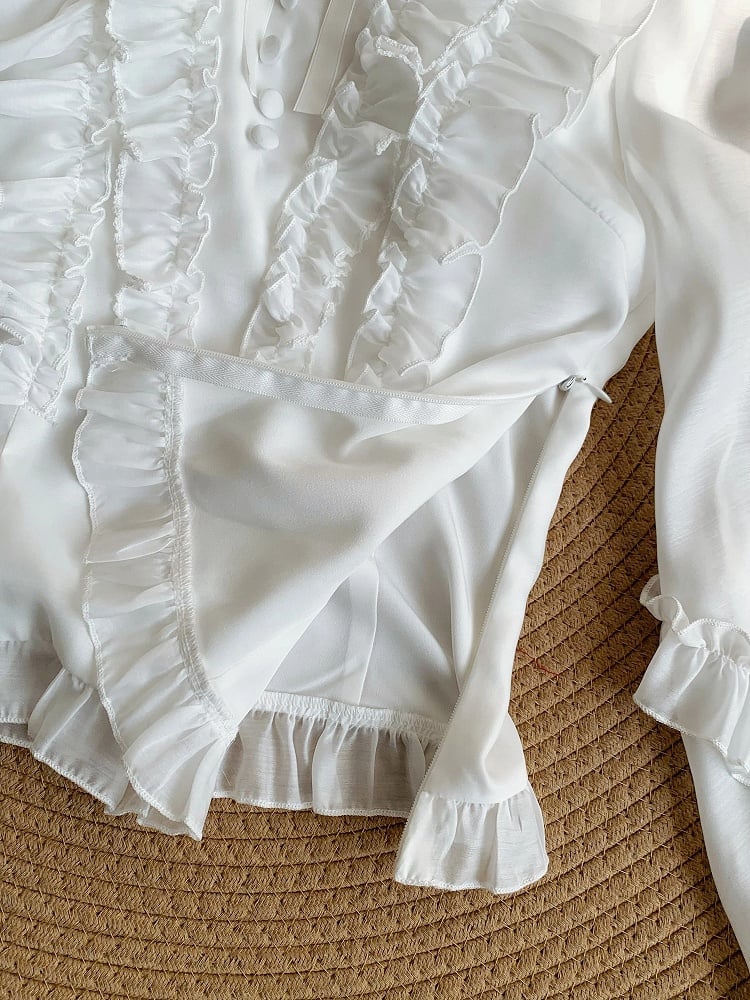 White Balloon Sleeve Blouse with Ruffle Accents and Rose Brooch - With PUJI
