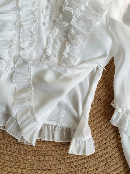 White Balloon Sleeve Blouse with Ruffle Accents and Rose Brooch - With PUJI