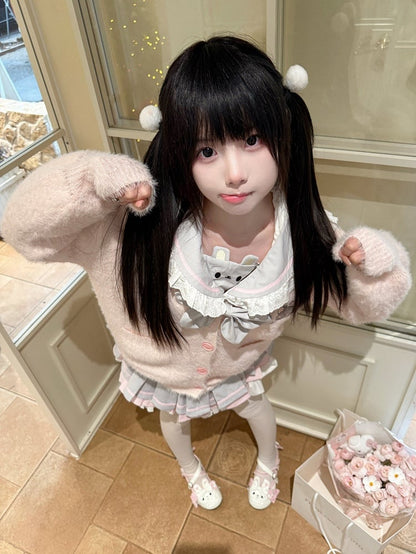 Cardigan Detail - Ribbed Plush Front Mouse Pink Trim Chef Embroidery with Button