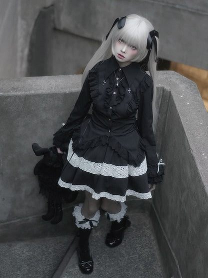 Black Lace-Trimmed Cross Charm Collar Ouji Blouse - With PUJI