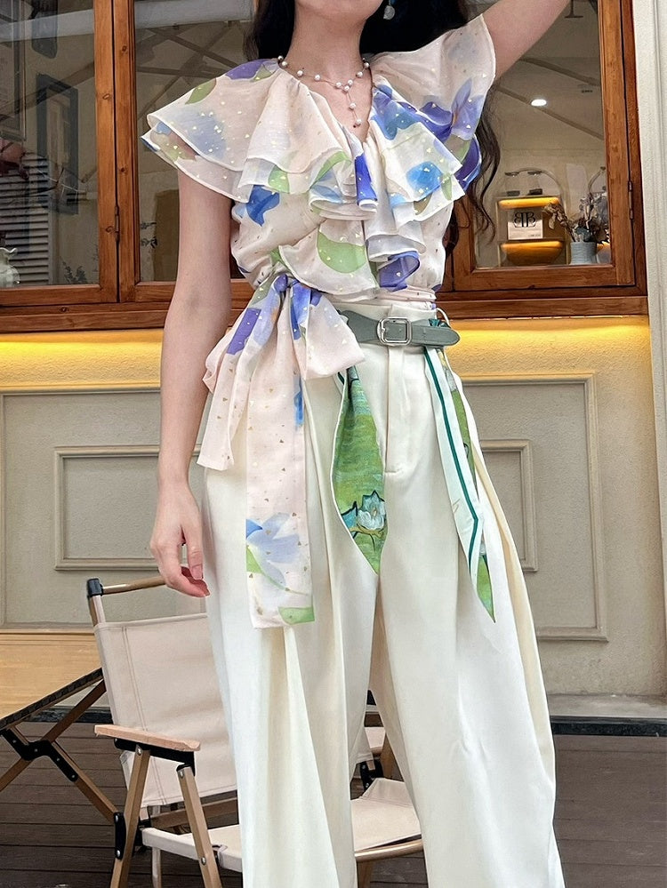 Light Pink Vintage Blue Floral Print Tiered Shawl Collar Chiffon Top