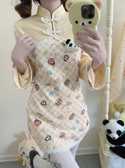 Qipao Style Yellow Set: Frog Bloomers Cheongsam | Dress Outfit Button Plaid Collar Mandarin