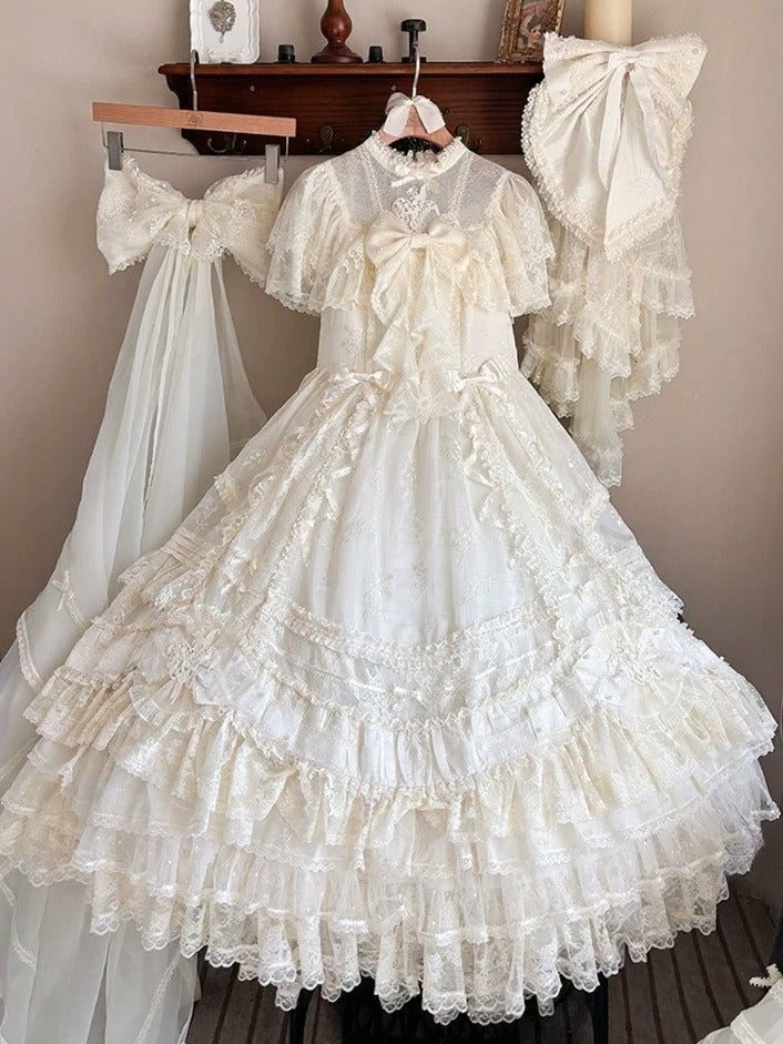 Beige OP Dress with Floral Embroidery, Pearls, and Short Train - Mademoiselle Pearl