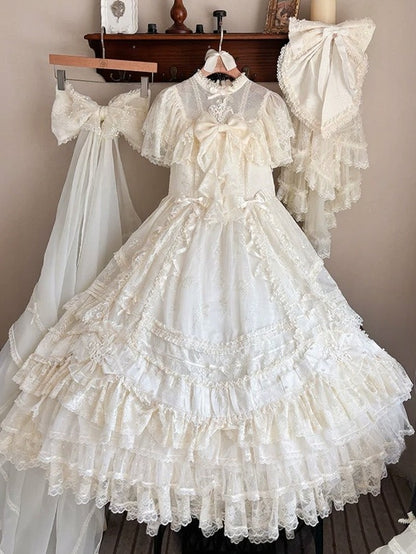 Beige OP Dress with Floral Embroidery, Pearls, and Short Train - Mademoiselle Pearl