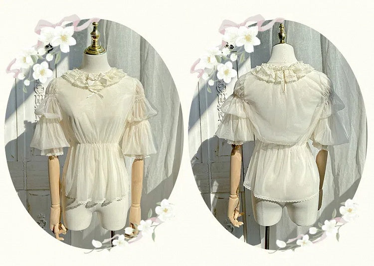 ベージュのセミシースルーレッグオブマトンスリーブブラウス