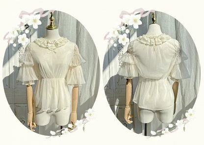 ベージュのセミシースルーレッグオブマトンスリーブブラウス