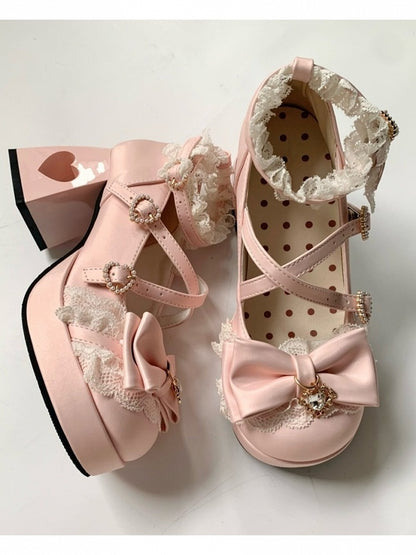 4 Colors 2cm Platform Pendant Detail Lolita Mary Jane Shoes with Bow and Lace Trim - Unmissable Berry