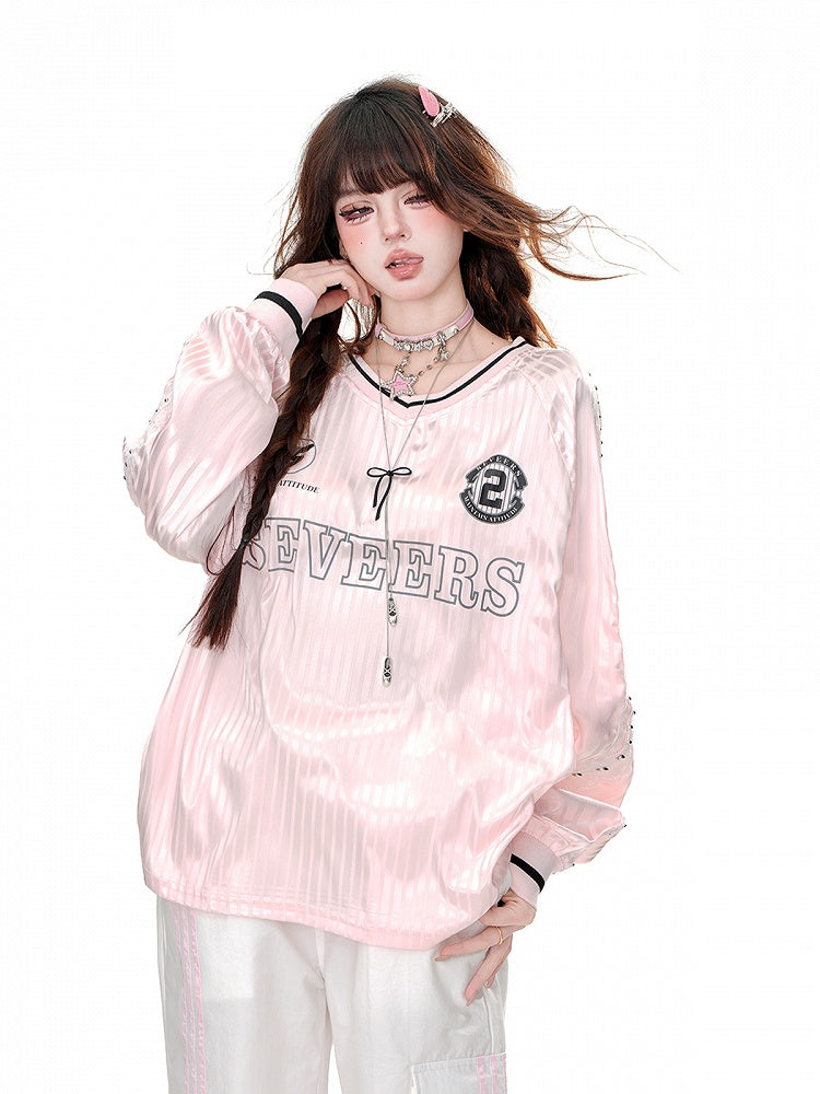 Loose V-Neck Sweatshirt Pink/Gray Striped Pattern