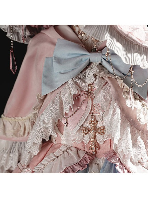 Witch-Themed Lolita JSK Full Ensemble in Pink and Blue with Bow Train, Cape, Detachable Sleeves, Hat and Outer Sleeves - Felinae Cookie