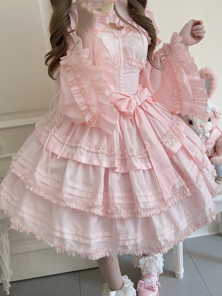 with Ruffle Sleeves Accents Flower Boned Drawstring Pink + Dress Set Bolero Lolita Layered JSK Top