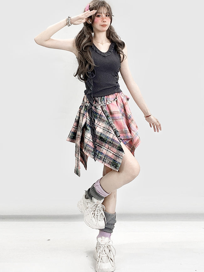 非対称のほろ苦いトリム裾フリルグレーグラマラス