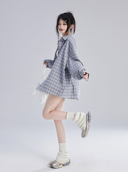 Lockeres blau-weiß kariertes Vintage-Shirt/Ballerrock