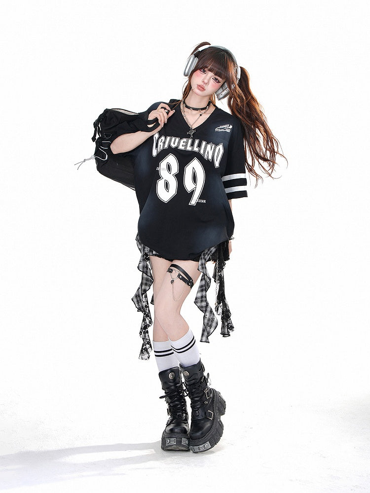 Black V-neck Number Print Loose T-shirt