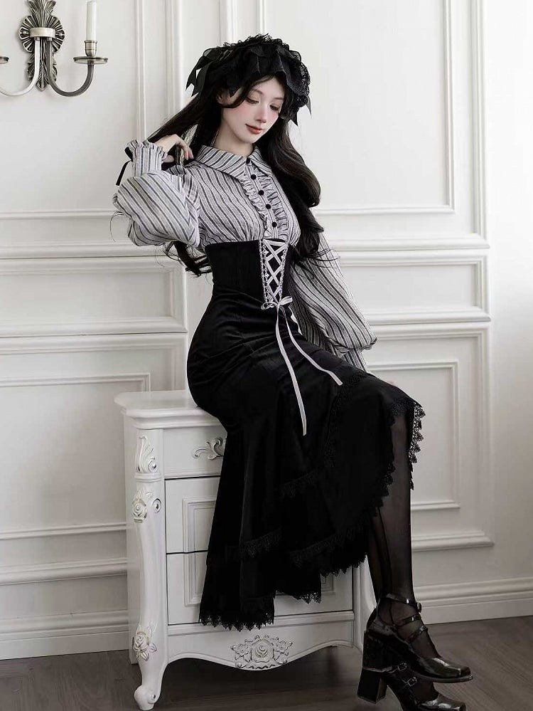 Blouse Mermaid Fake Black Pieces Two Waist and Lolita Skirt Boned Design Dress Striped