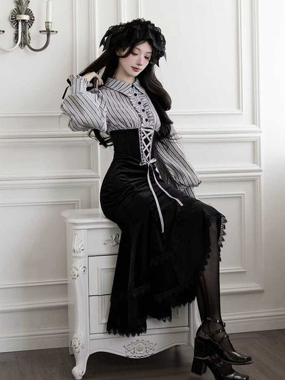 Blouse Mermaid Fake Black Pieces Two Waist and Lolita Skirt Boned Design Dress Striped