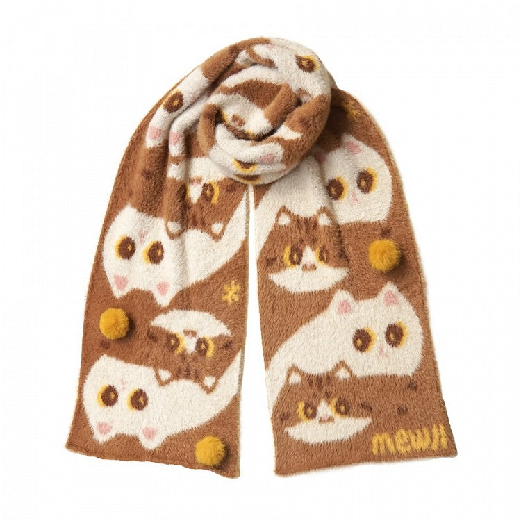 Cute Kitty Pattern Brown Knit Scarf