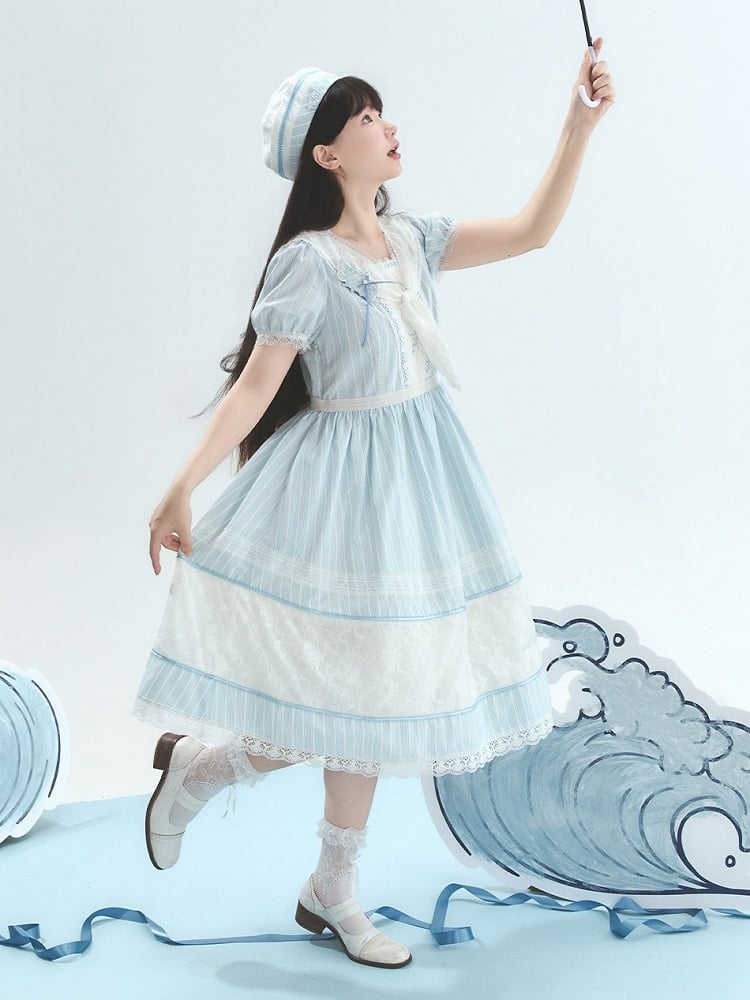 Blue Striped Lace OP with Bow Tie - Liz Bird