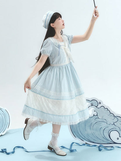Blue Striped Lace OP with Bow Tie - Liz Bird