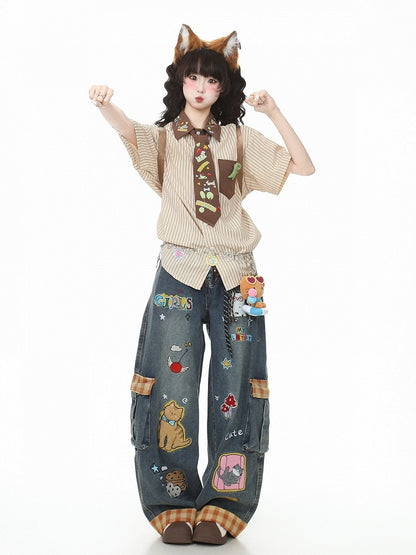 Apricot Striped Puppy Embroidered Tie Shirt - Languid Park