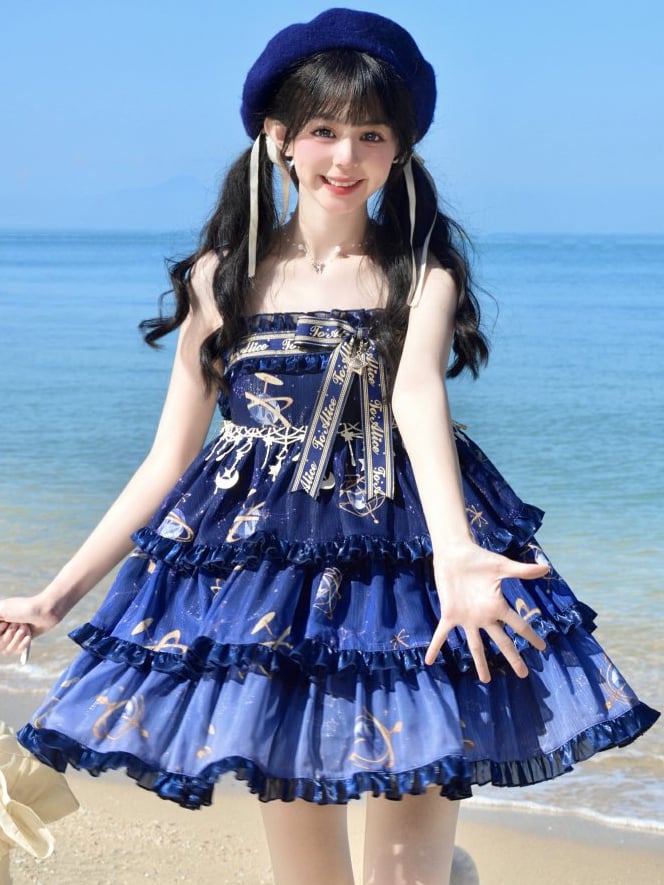 ネイビーブルーの天球儀と星空エンパイアウエストのロリータジャンパースカート