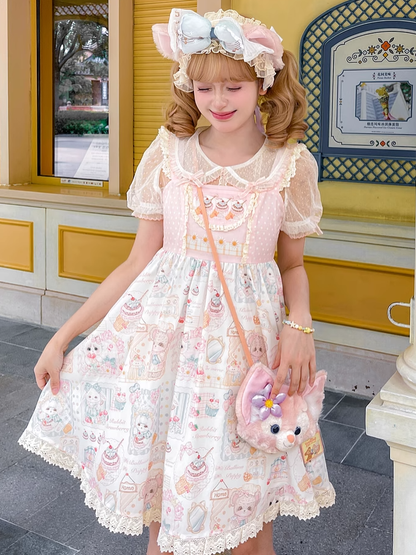 Süßes Lolita-Kleid, Pullover, rosa Flatterärmel, Rock mit Kätzchen- und Kuchen-Print