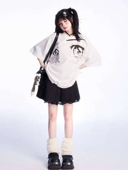 ホワイトラウンドネックアイプリントルーズTシャツ