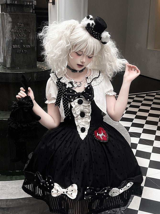 Black White Polka Dot Gothic Lolita Jumper Skirt with Bows Striped Hem - Tan Tuan
