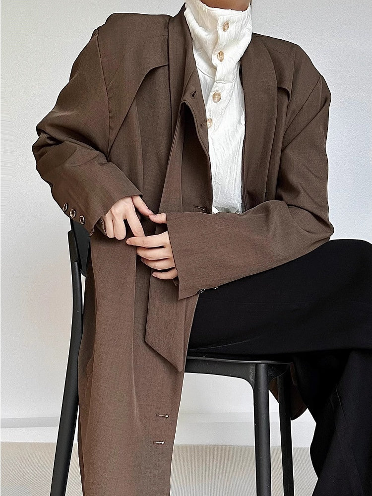 Coffee Trench Vintage Long Cuffs with Neck Lolita Coat Ouji Button Tie