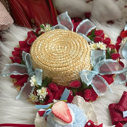 Lace Straw with Hat Red Strawberry Bow Clips Mini