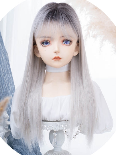 Glatte Ombre-Perücke, Länge 66 cm, schwarz-weißer Pony