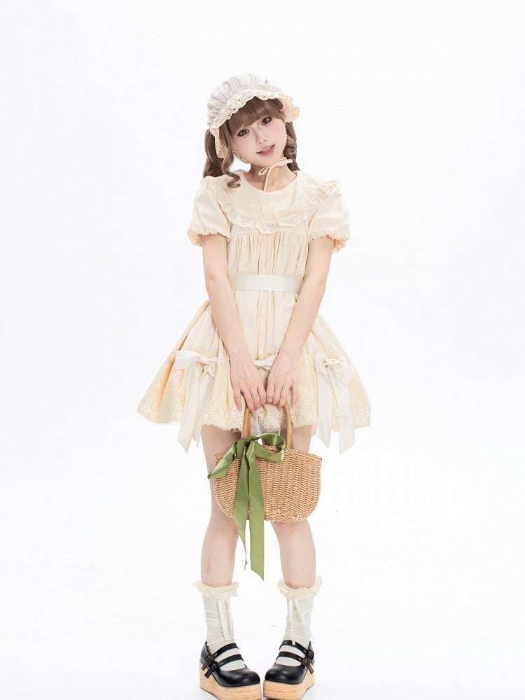 Sweet Beige Crew Neck Short Sleeve Lolita Dress Bow Accents - New Tea