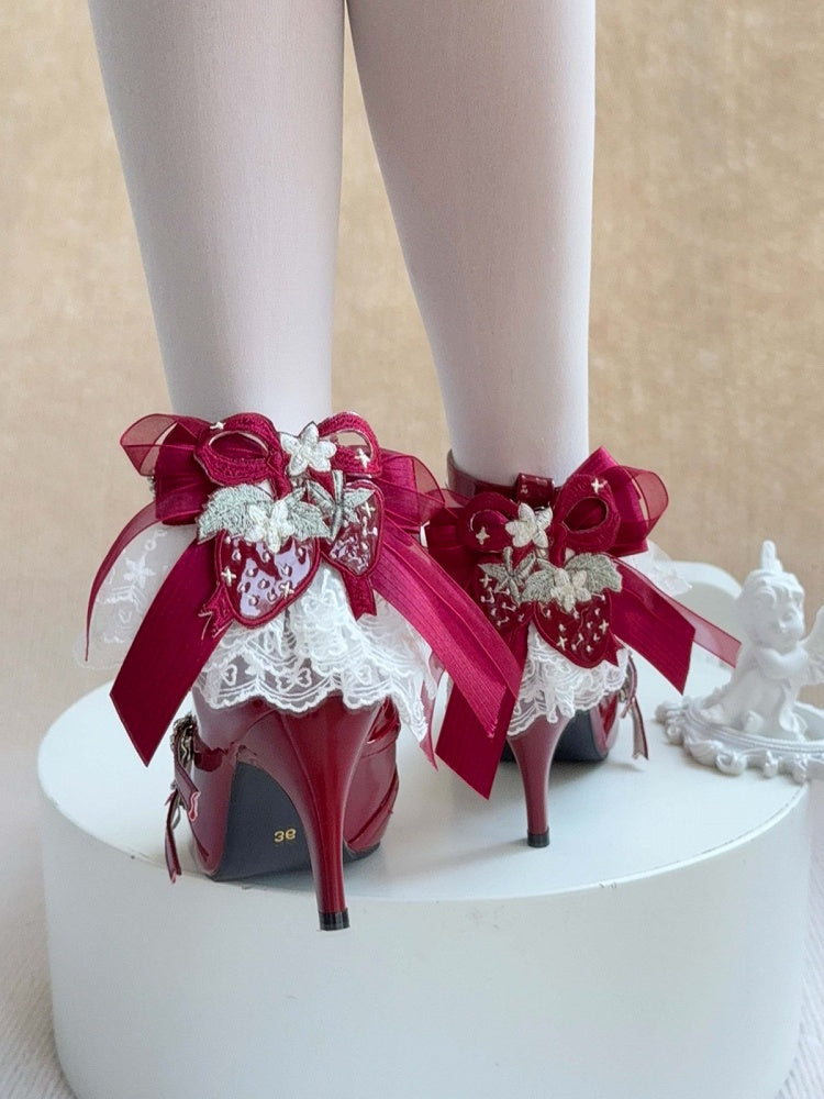 Wine Red Strawberry Embroidered 9cm Heels with Bow - Cheese Mango