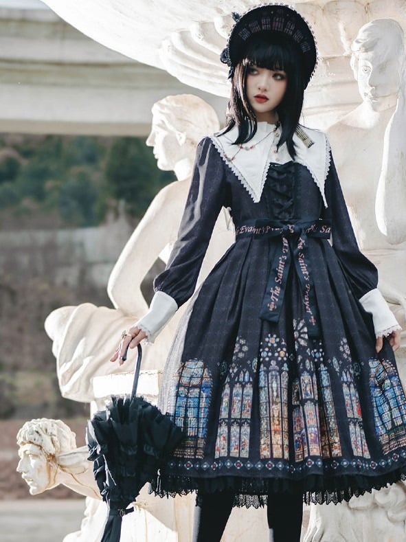 Long Version White Black with Sleeves Dress Lolita Church Gothic Collar Stained Detachable Window