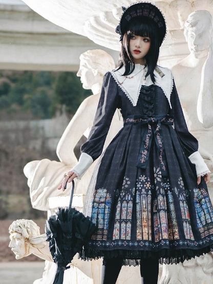 Long Version White Black with Sleeves Dress Lolita Church Gothic Collar Stained Detachable Window